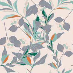 Floral ornament of white and blue leaves on a blue background. Seamless pattern with floral motifs. illustration.