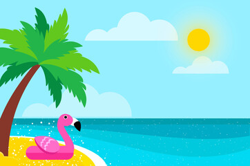 Obraz na płótnie Canvas Giant inflatable Pink Flamingo on Seashore.. Float toy on the sunny beach with sand and crystal clear blue sea water. Summer holidays. Sunny days