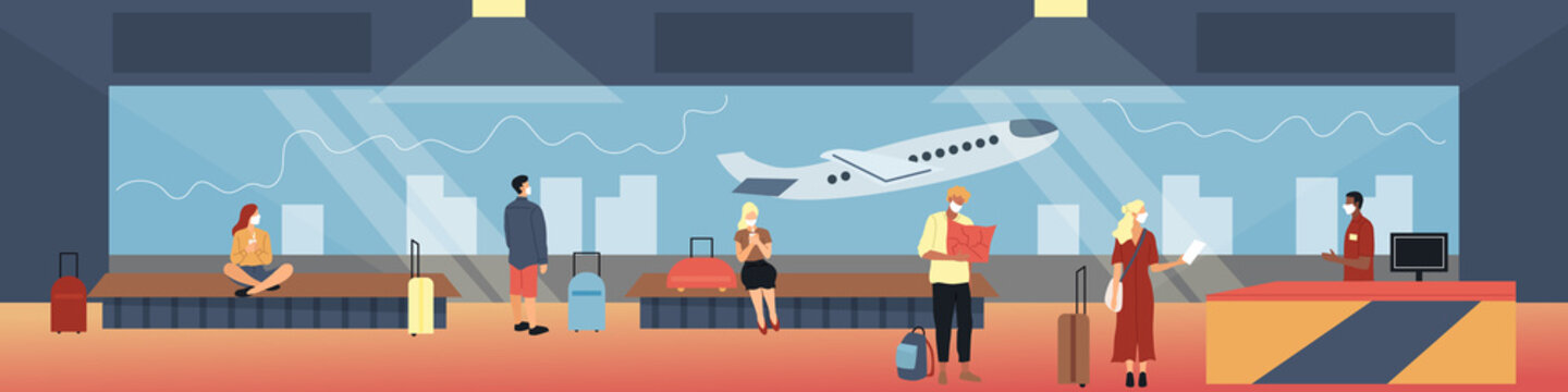 Horizontal Vector Illustration Of Airport Interior With Flat Cartoon Characters. Composition In Colorful Style Of Men And Women Wearing Masks Staying Indoors Airport. Design Elements, Cashier, Plane