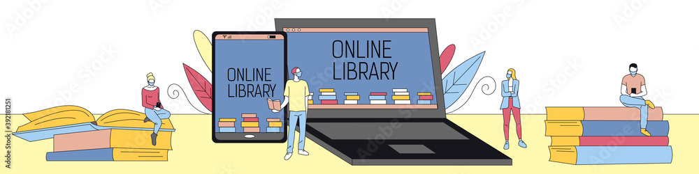 Poster linear vector illustration in flat cartoon style with outline. composition of online library design 