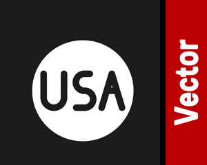 White USA label icon isolated on black background. United States of America. Vector Illustration.