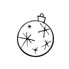 Vector Christmas outline tree ball. Element of New year and xmas design in doodle style, isolated. Simple hand drawn illustration for greeting cards, calendars, prints, childrens coloring book