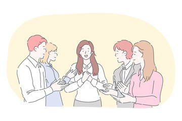 Applauding, support, congratulation concept. Young positive business people workers cartoon characters standing and applauding with hands to their partner, boss, manager, coworker in office 