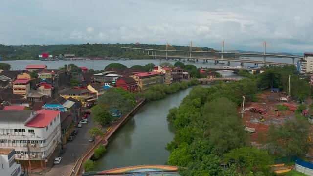 Aerial view of Atal Setu bridge over the Mandovi river, Panjim, Goa, India.