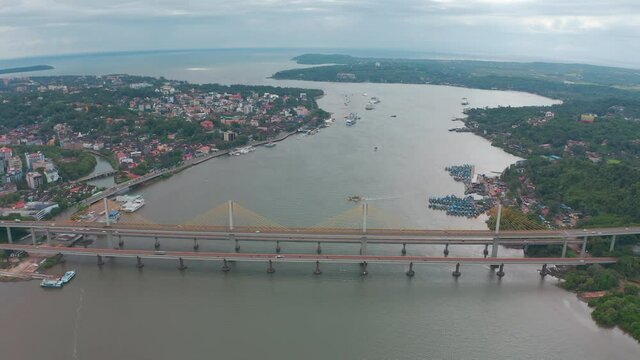 Aerial view of Atal Setu bridge over the Mandovi river, Panjim, Goa, India.