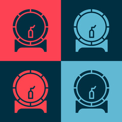 Pop art Wooden barrel on rack with stopcock icon isolated on color background. Vector Illustration.
