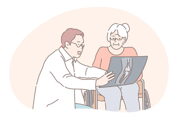 Communication between doctor and patient, medicare, injury, arthritis concept. Positive man doctor cartoon characters showing senior woman patient in wheelchair x-ray of her injured joint during visit