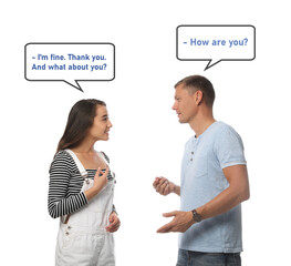 Man and woman talking on white background. Dialogue balloons with phrases in English over them