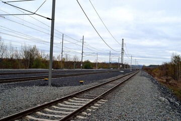 Obraz premium photos of the reconstructed railway line between the towns of Karviná and Český Těšín, Silesia, northern Moravia, Czech Republic