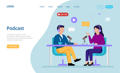 Cartoon Vector Illustration In Flat Style On Podcast Concept. Two Characters Sitting At Table Recording Audio Being On Air. Website Template With Writings And Buttons On Blue And White Background