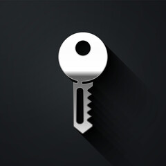 Silver House key icon isolated on black background. Long shadow style. Vector Illustration.