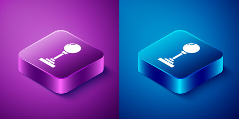 Isometric Joystick for arcade machine icon isolated on blue and purple background. Joystick gamepad. Square button. Vector Illustration. © Kostiantyn