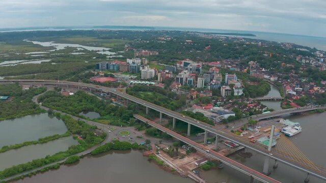 Aerial view of Atal Setu bridge over the Mandovi river, Panjim, Goa, India.