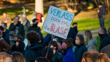 Leipzig, Germany - November 07, 2020: Counter-demonstrators / left-wing demonstrators in Schiller Park