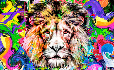 lion head isolated on color background - obrazy, fototapety, plakaty