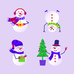 Merry Christmas cute greeting card with snowman and snowflakes for happy new year presents. Scandinavian style set for invitation, children room, nursery decor, interior design, sticker