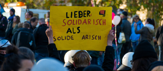 Leipzig, Germany - November 07, 2020: Counter-demonstrators / Left-wing demonstrators in Schiller...