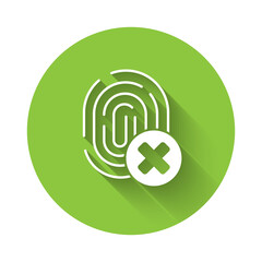 White Cancelled fingerprint icon isolated with long shadow. Access denied for user concept. Error, fraud. Identification sign. Touch id. Green circle button. Vector.