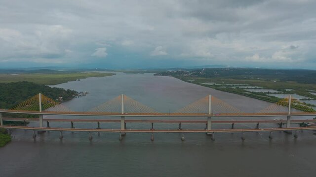 Aerial view of Atal Setu bridge over the Mandovi river, Panjim, Goa, India.