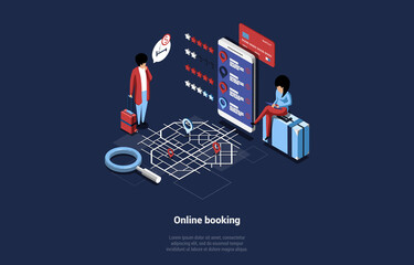 Vector Illustration In Cartoon 3D Style On Dark Background. Isometric Composition Of Online Booking Concept With Writing. Characters Ordering Tickets On Internet Service. Big Phone, Map, Navigator