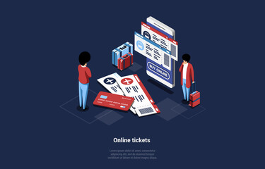 Two Male Characters Near Big Smartphone With Online Ticket Booking Service On Screen. 3D Vector Composition In Cartoon Isometric Style On Dark Background. Internet Buying Through Credit Card Concept