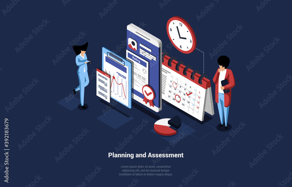 Poster business art of planning and assessment idea. isometric vector illustration in cartoon 3d style with
