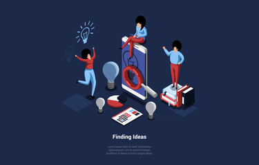 Vector Illustration Of Finding New Ideas Concept In Cartoon 3D Style. Isometric Composition On Dark Background With Writings. Group Of People Gathered Around Big Smartphone Brainstorming For Notions