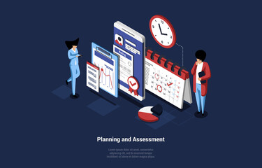 Business Art Of Planning And Assessment Idea. Isometric Vector Illustration In Cartoon 3D Style With Tiny People. Characters Standing Near Smartphone Reaserching And Developing Mobile App Or Website