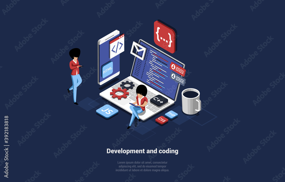 Poster web development, coding and online operation concept in isometric design. vector cartoon illustratio