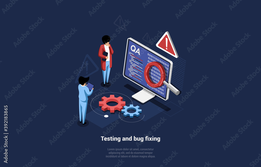 Poster 3d vector composition in cartoon isometric style of application or website testing and bug fixing. i