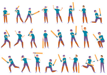 Fototapeta na wymiar Kids playing cricket icons set. Cartoon set of kids playing cricket vector icons for web design