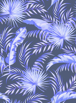 Vector tropical pattern with hibiscus flowers and exotic palm leaves. Trendy summer background. Summer floral illustration. © Logunova Elena