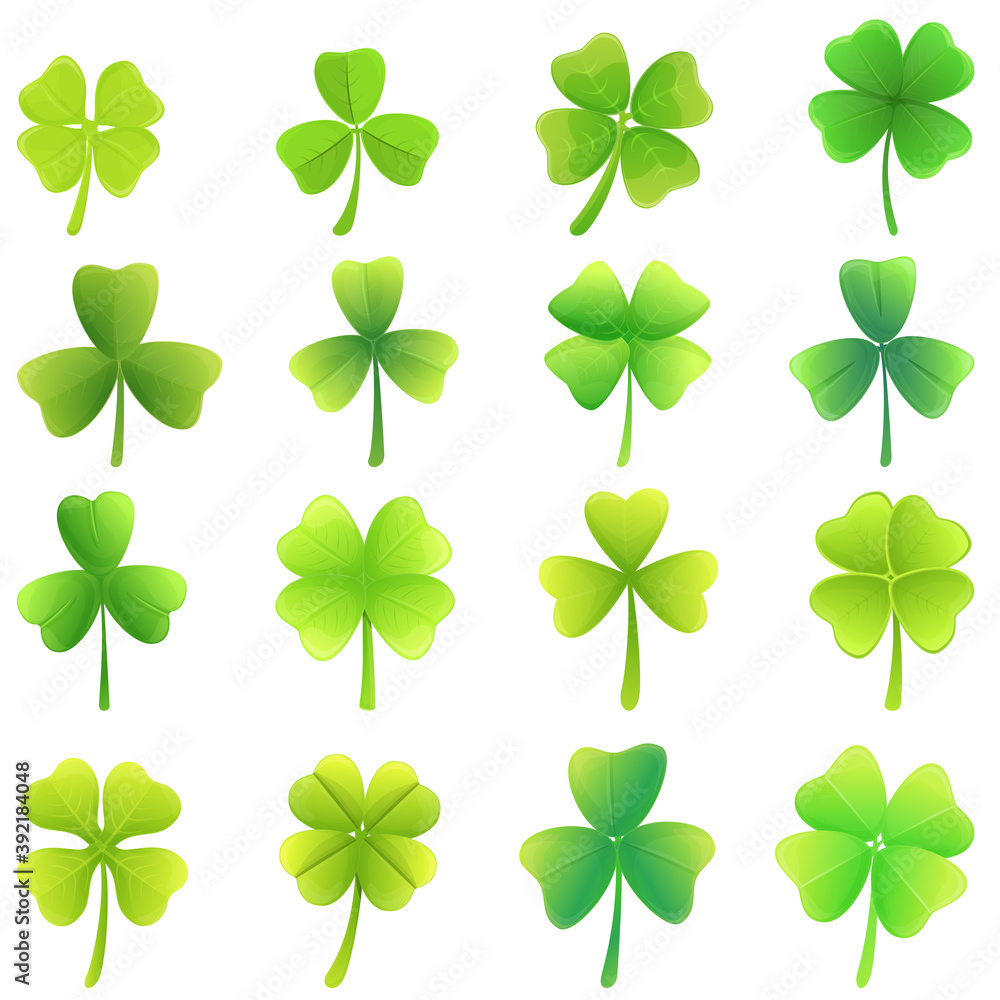 Poster clover icons set. cartoon set of clover vector icons for web design