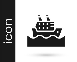 Obraz premium Black Cruise ship in ocean icon isolated on white background. Cruising the world. Vector.