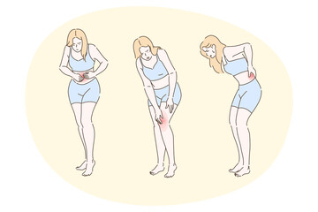 Suffering from pain in muscles, joints, injury, ache, disease concept. Young unhappy woman cartoon character feeling strong pain in stomach, knee and back. Trauma, chronic illness, inflammation 