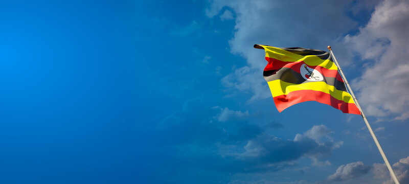 Beautiful national state flag of Uganda with blank space. Uganda flag on wide background with place for text 3D artwork.