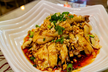 Close up shot of Chinese style spicy chicken meal