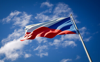 Beautiful national state flag of Czech fluttering at sky background. Low angle close-up Czech flag 3D artwork.
