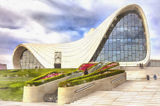 Heydar Aliyev Center colorful painting, Baku, Azerbaijan.