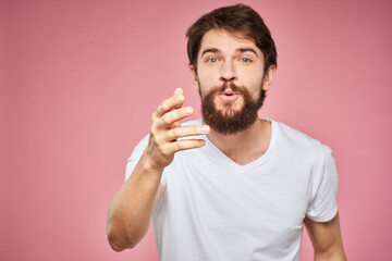 cute bearded men white t-shirt studio pink isolated background