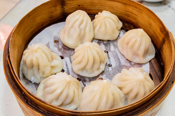 Close up shot of Chinese style steamed pork dumpling