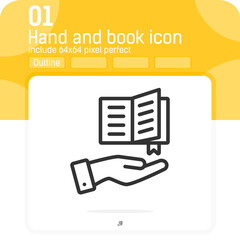 Hand and book icon with outline style isolated on white background. Vector illustration thin line book icon for web design, ui, ux, education, applications, library, mobile apps and all project