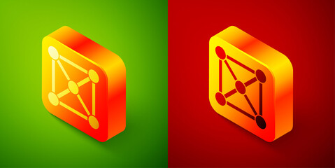 Isometric Blockchain technology icon isolated on green and red background. Cryptocurrency data. Abstract geometric block chain network technology business. Square button. Vector.