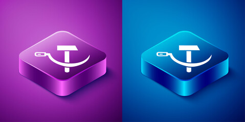 Isometric Hammer and sickle USSR icon isolated on blue and purple background. Symbol Soviet Union. Square button. Vector.