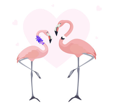 Two flamingos in love on the background of a pink heart, on Valentine's day