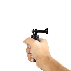 Hand holding mini tripod with blank space. Isolated on white background. with clipping paths.
