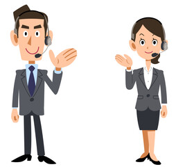 Fototapeta premium ヘッドセットを装着した男女の会社員が案内する 全身 