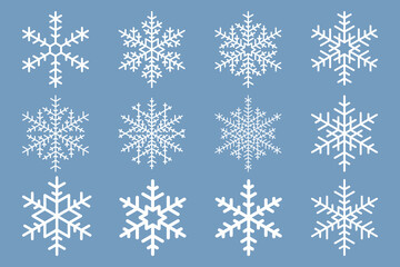 Fototapeta na wymiar Set of white vector snowflake on blue background. Simple flat snowflake icons. Vector illustration for Christmas and New Year