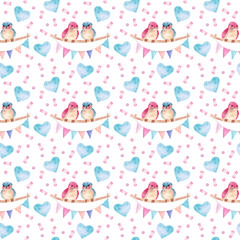 Watercolor seamless pattern with birds, hearts and confetti. Pink and blue birds on a white background. Hand drawn valentines background for wrapping paper, design, fabrics, cards and other purposes.