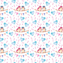 Watercolor seamless pattern with birds, hearts and confetti. Pink and blue birds on a white background. Hand drawn valentines background for wrapping paper, design, fabrics, cards and other purposes.